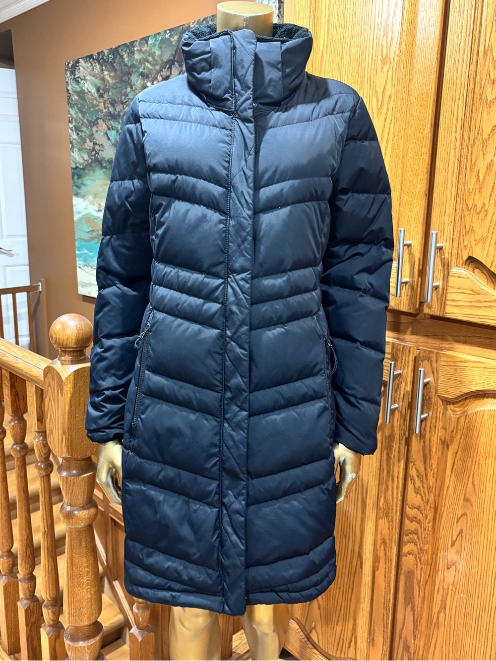 Classic Long Navy Puffer Coat with High Collar